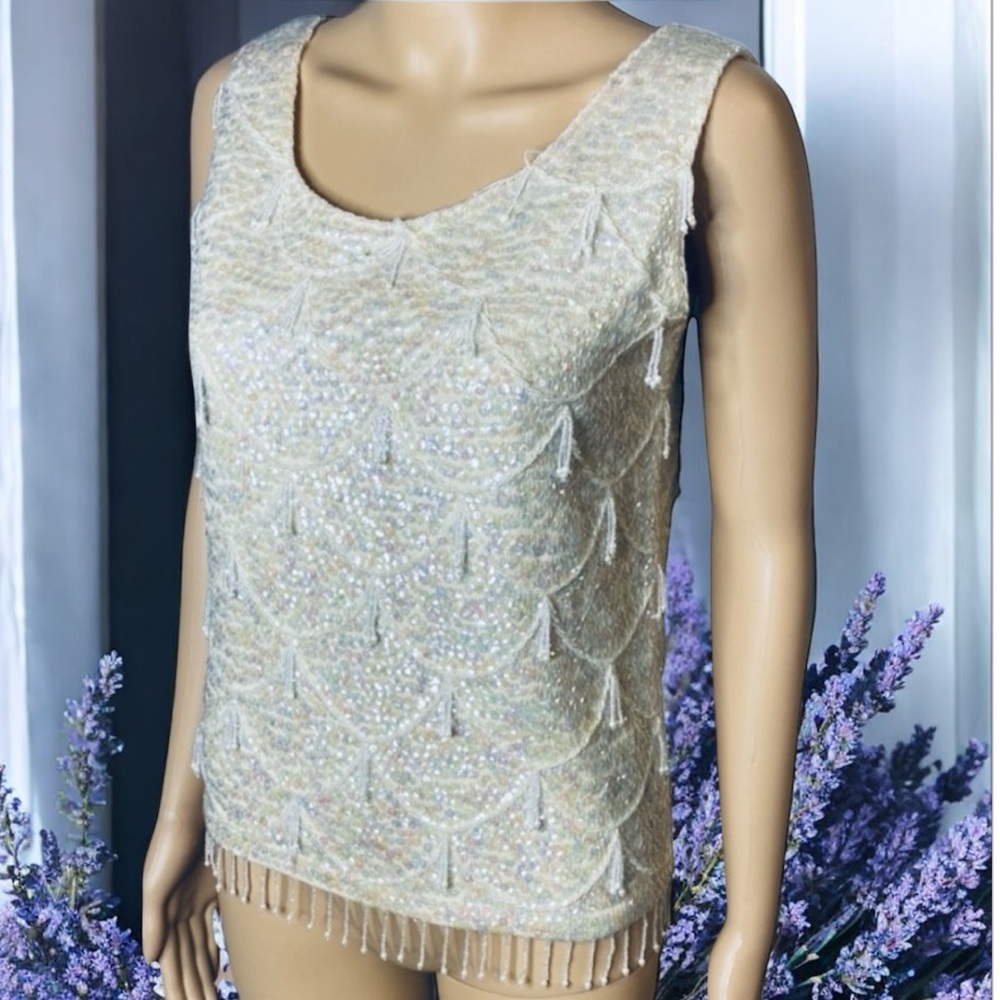 Vintage 60s/70s Iridescent Sequin & Beaded Wool Tank Top - Made in
Hong Kong 
M